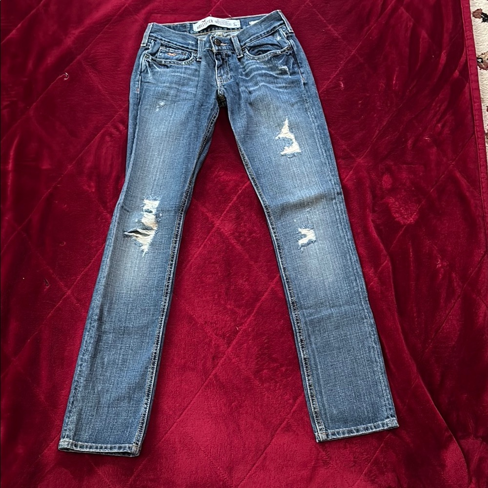 Hollister Blue Straight Leg Jeans with Distressed Details